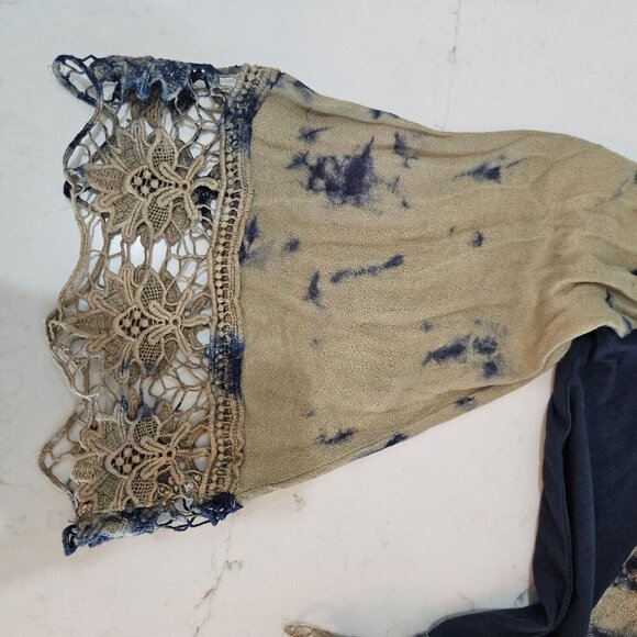 Parsley & Sage Small Button Tie Dye Boho Top Crochet Blue Tan Festival Bell Slv - Picture 8 of 11